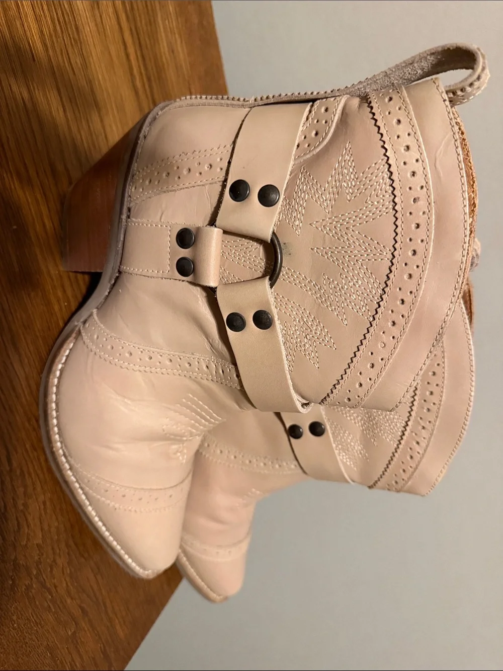 dingo Cream Western Ankle Booties with Stacked Wood Heel